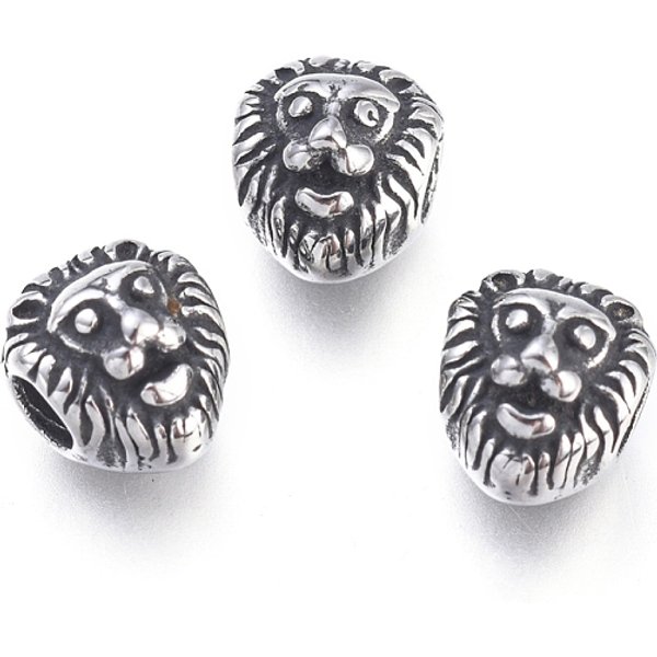 Perline in acciaio inossidabile 304, testa di leone, argento antico, 7.5x6x6mm, Foro: 2 mm