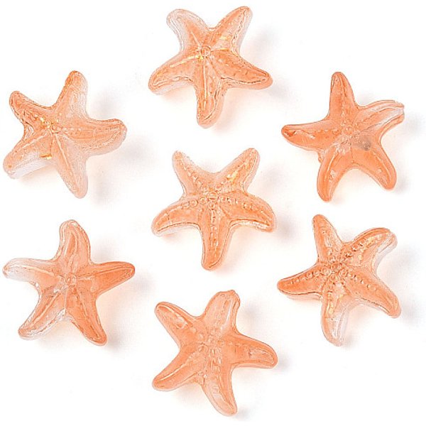 Frosted Glass Beads, Starfish, with Gold Powder, Light Salmon, 15x16x8mm, Hole: 1mm, about 909pcs/1000g