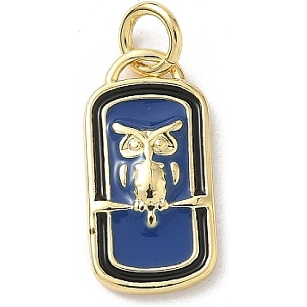 Brass Enamel Pendants, Owl Charms, Rack Plating, Cadmium Free & Lead Free, Long-Lasting Plated, Real 18K Gold Plated, with Jump Ring, Blue, 16.5x8.5x2.5mm, Hole: 3.5mm