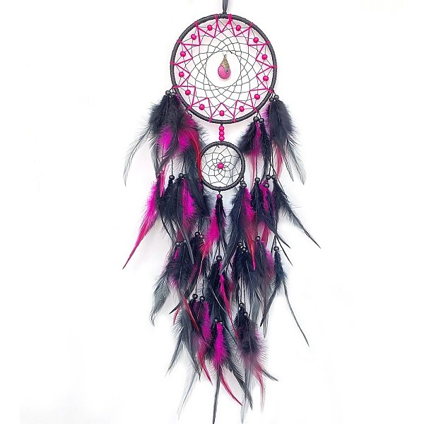 DéCoration Pendentif En Fer, Filet/Toile à Double Tissage Avec Plumes Pour DéCorations Suspendues à La Maison, Magenta, 700Mm-image