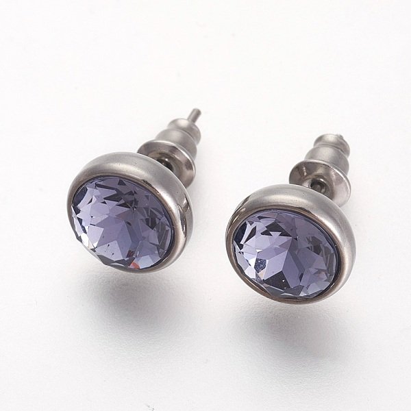 Pendientes de botón de acero inoxidable 304, con diamante de imitación, plano y redondo, violeta, 10x6mm, pin: 0.9 mm