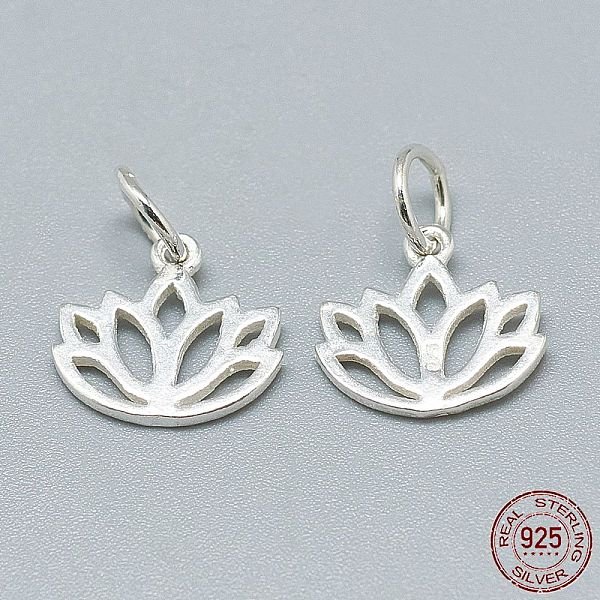 925 Sterling Silber Charme, Mit Sprungring, Mit 925 Stempel, Lotus, Silber, 10.5X11X1 Mm, Bohrung: 4 Mm-image
