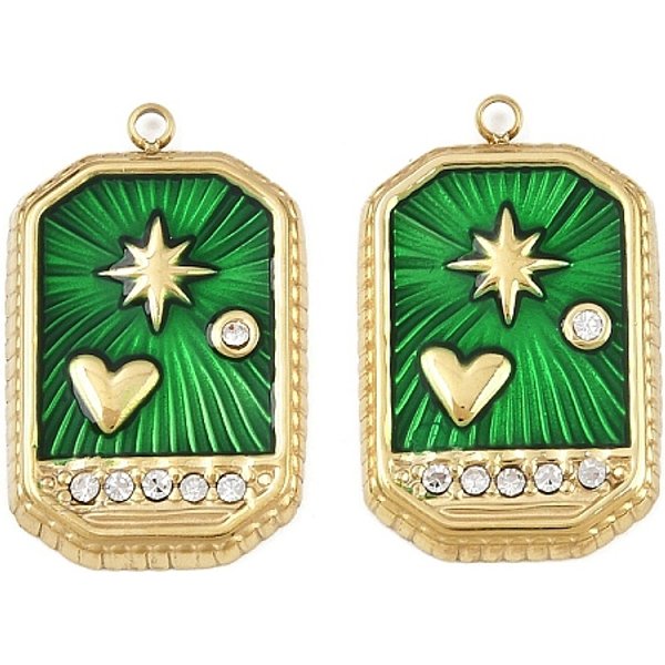 304 Stainless Steel Rhinestone Pendants, Rectangle With Heart, Enamel Style, Ion Plating(Ip), Manual Polishing, Real 18K Gold Plated, 24X15X2Mm, Hole: 1.4Mm-image