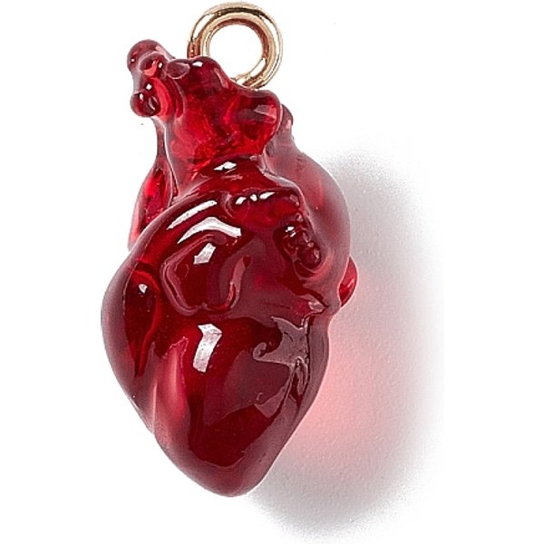 Transparent Resin Pendants, Anatomical Heart Charms, With Golden Plated Iron Loops, Dark Red, 20.5-21.5X11.5X11Mm, Hole: 2Mm-image