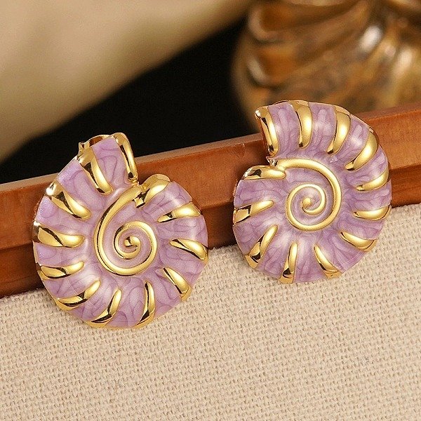 304 Stainless Steel Enamel Conch Stud Earrings, Golden, Pink, 28X24.5Mm-image