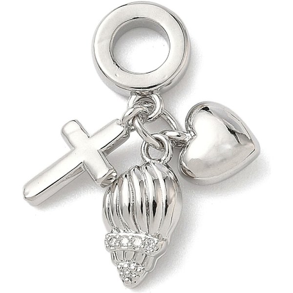 Brass Micro Pave Clear Cubic Zirconia European Dangle Charms, Heart Cross Large Hole Pendants, Platinum, Shell Shape, 26Mm, Hole: 4.8Mm-image