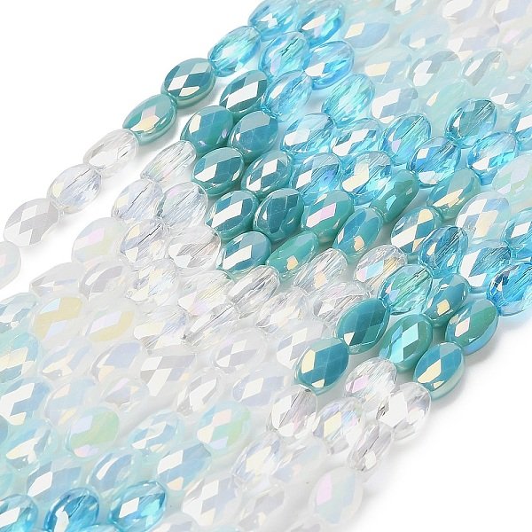 Electroplated Glass Beads Strands, Oval, Faceted, Light Sky Blue, 6X4.5X3Mm, Hole: 1Mm, About 60Pcs/Strand, 14.17''(36Cm)-image
