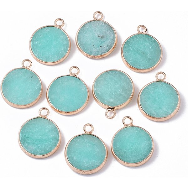 Natural White Jade Pendants, with Golden Tone Brass Open Back Bezel, Dyed, Flat Round, Pale Turquoise, 20.5x16.5x4mm, Hole: 2mm