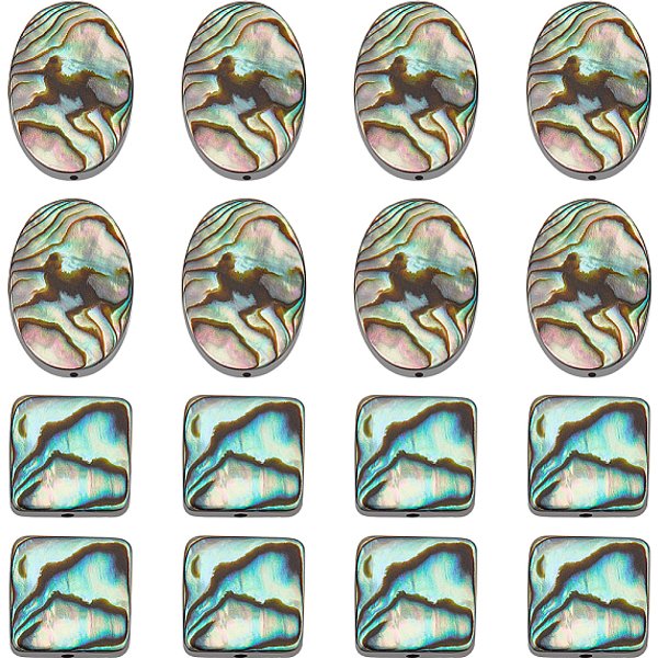 16 brin de perles en coquillage d'ormeau/coquillage paua naturel de 2 couleurs, ovale/carré, percé à la main, colorées, 12-18x12-13x3-4mm, Trou: 0.5-1mm, 8 pièces / style
