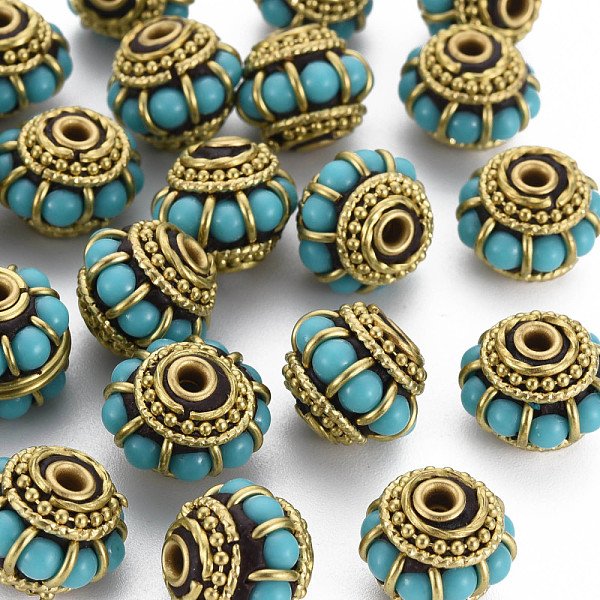 Perline Indonesia Fatto A Mano, Con Accessori Di Ottone, Nichel Libero, Rondelle Con Cerchio, Grezzo (Non Placcato), Medio Turchese, 13X10Mm, Foro: 2 Mm-image