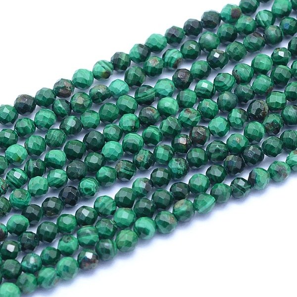 Natural Malachite Beads Strands, Faceted, Round, 3Mm, Hole: 0.6Mm, About 126Pcs/Strand, 14.96 Inch(38Cm)-image