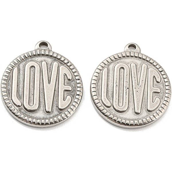 Non-Tarnish 201 Stainless Steel Pendants, Flat Round, With Word Love, Stainless Steel Color, 21X18X2Mm, Hole: 1.5Mm-image