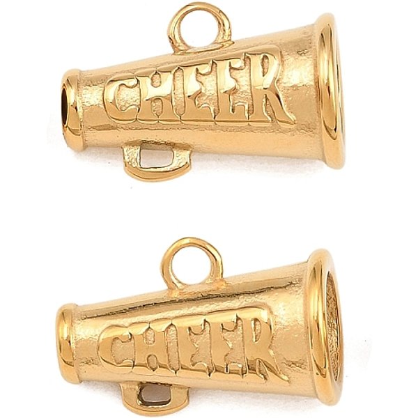 304 Stainless Steel Charms, Trumpet With Word Cheer, Lead Free & Cadmium Free, Ion Plating(Ip), Real 18K Gold Plated, 11X17X9.5Mm, Hole: 2Mm-image