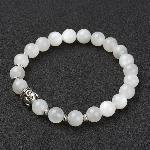 NatüRlichen WeißEn Mondstein Stretch-ArmbäNder, Mit Messing Perlen & Legierung Buddha Kopf Perlen, Runde, 2-1/8 Zoll (55 Mm)-image