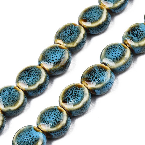 Handmade Porcelain Ceramic Beads Strands, Fancy Antique Glazed Porcelain, Flat Round, Deep Sky Blue, 10.5-12X5.5-7Mm, Hole: 2Mm, About 28-29Pcs/Strand, 12.28-12.72 Inch(31.2-32.3Cm)-image