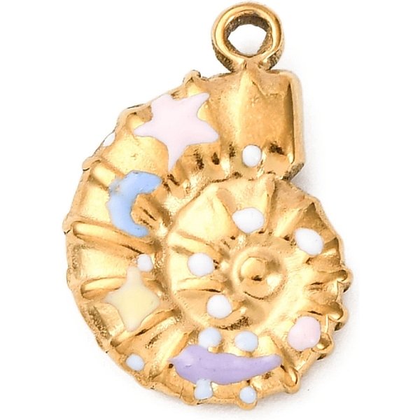 304 Stainless Steel Pendants, with Enamel, Ocean Themes, Real 18K Gold Plated, Ion Plating(IP), Cadmium Free & Nickel Free & Lead Free, Conch, 22.5x15x4mm, Hole: 1.7mm