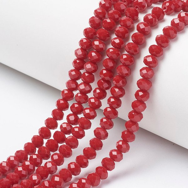 Opaque Solid Color Glass Beads Strands, Faceted, Rondelle, Firebrick, 4X3Mm, Hole: 0.4Mm, About 110-115Pcs/Strand, 39-40Cm-image