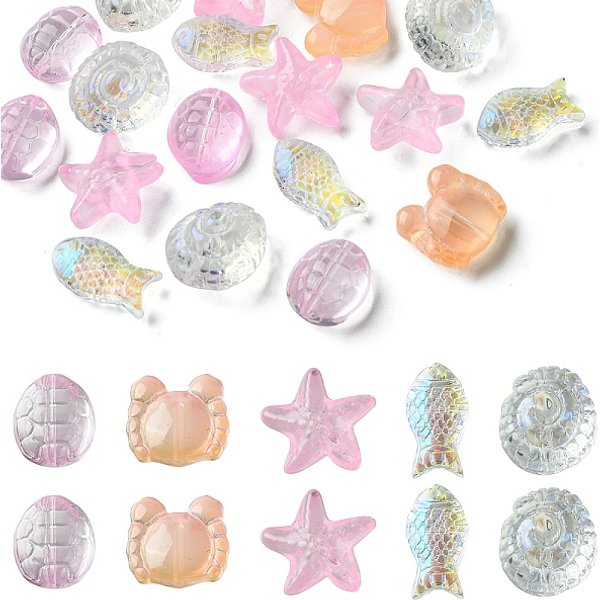 25 Uds. Conjuntos De Cuentas De Vidrio Transparente Con TemáTica OceáNica De 5 Estilos, Formas Mixtas, Rosa, 12-15X8-15X5-9Mm, Agujero: 1 Mm, 5 Piezas / Style-image