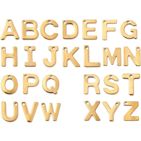 304 Stainless Steel Charms, Letter A-Z Charms, Ion Plating(Ip), Real 18K Gold Plated, Letter A-Z, 11-11.5X6-12X0.8-1Mm, Hole: 1.2Mm-image