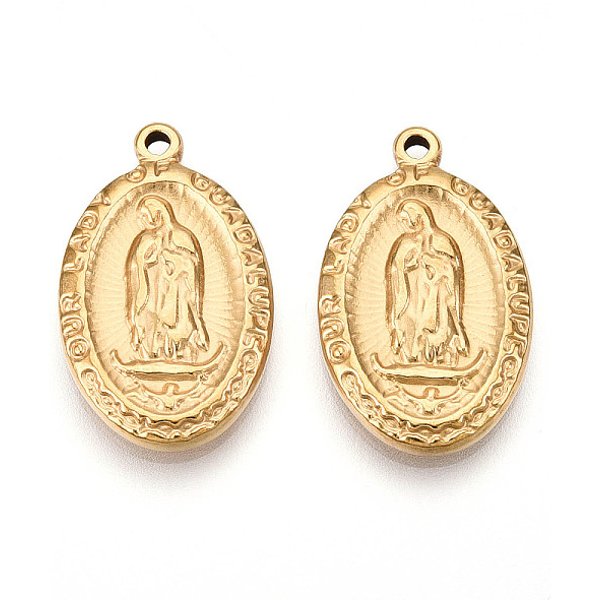304 Stainless Steel Pendants, Ion Plating(Ip), Oval With Virgin Mary Charms, Real 18K Gold Plated, 23X14X2.5Mm, Hole: 1.6Mm-image