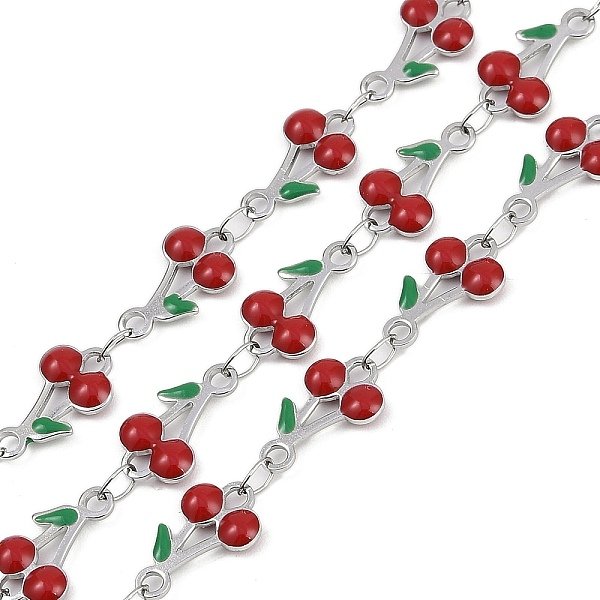 304 Stainless Steel Enamel Cherry Link Chains, with Spool, Soldered, Stainless Steel Color, FireBrick, 13x7.5x2.5mm