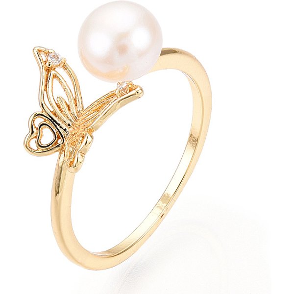Natural Pearl Open Cuff Ring Micro Pave Clear Cubic Zirconia, Brass Finger Rings, Butterfly, Real 18K Gold Plated, Us Size 6 3/4(17.1Mm)-image