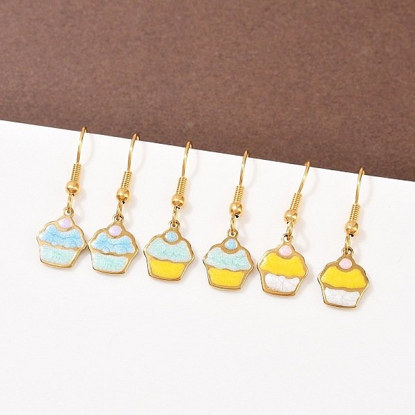 Boucles D'oreilles Pendantes En Acier Inoxydable 304 éMaillé SéRie Ocean, VéRitable 18K Plaqué Or, Nourriture, 30X10Mm, 3 Paires / Ensemble-image