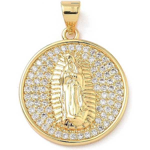 Colgante Micropavé Cubic Zirconia De LatóN, Ronda Con Virgen MaríA, Sin Plomo Y Cadmio, Real 18K Chapado En Oro, 22.5X20X4Mm, Agujero: 4X4 Mm-image