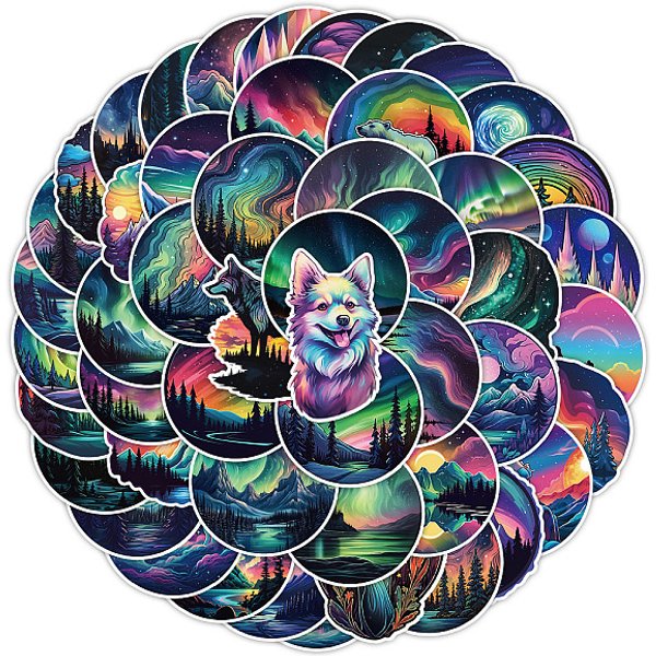 50Pcs Northern Lights PVC Self-Adhesive Cartoon Stickers, Waterproof Round Forest Decals for Kid's Art Craft, Bottle, Luggage Decor, Mixed Color, 40-55mm