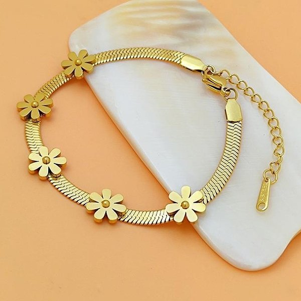 Pulseras De Cadena De Acero Inoxidable QuirúRgico 316, Cadena De Serpiente, Flor, Real 18K Chapado En Oro, 6-3/4 Pulgada (17 Cm)-image
