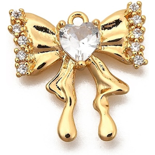 Brass Micro Pave Cubic Zirconia Pendants, Bowknot, Long-Lasting Plated, Nickel Free, Real 18K Gold Plated, Clear, 17.5X17X3.5Mm, Hole: 1Mm-image