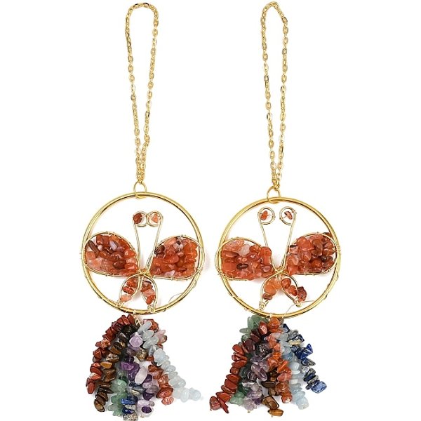Butterfly Brass & Natural Carnelian Pendant Decorations, Chakra Gemstone Chip Tassel Hanging Ornaments, 235-240Mm-image