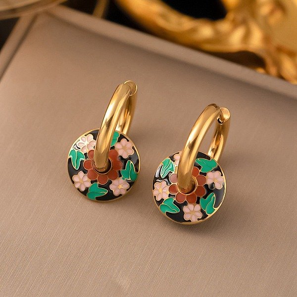 304 Stainless Steel Enamel Hoop Earrings, Flat Round with Flower Pattern, Golden, 22.5x15mm