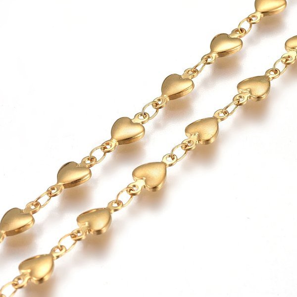 304 Stainless Steel Link Chains, Soldered, Heart, Golden, 10x5-5.5x2mm