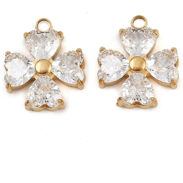 AnhäNger Aus 304 Edelstahl Mit Mikropflaster Und Zirkonia, KleeanhäNger, Echtes 18K Vergoldet, Ionenbeschichtung (Ip), Transparent, 14X12X3.5 Mm, Bohrung: 1.6 Mm-image