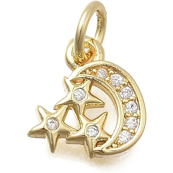 Messing Mikro Ebnen Zirkonia Charme, Cadmiumfrei Und Bleifrei, Echtes 18K Vergoldet, Gestell, Langlebig Plattiert, Mit Sprungring, Mond, 10X9.5X1.7 Mm, Bohrung: 3.2 Mm-image
