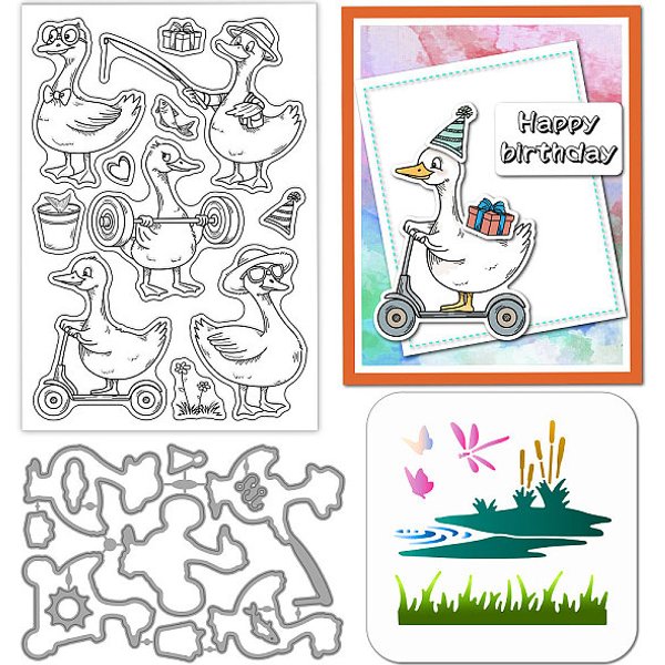 DIY Scrapbooking Tool Sets, including 1Pc Carbon Steel Cutting Dies Stencils, 1Pc PET Painting Stencils and 1Pc PVC Plastic Clear Stamps, Goose, Stamp: 160x110