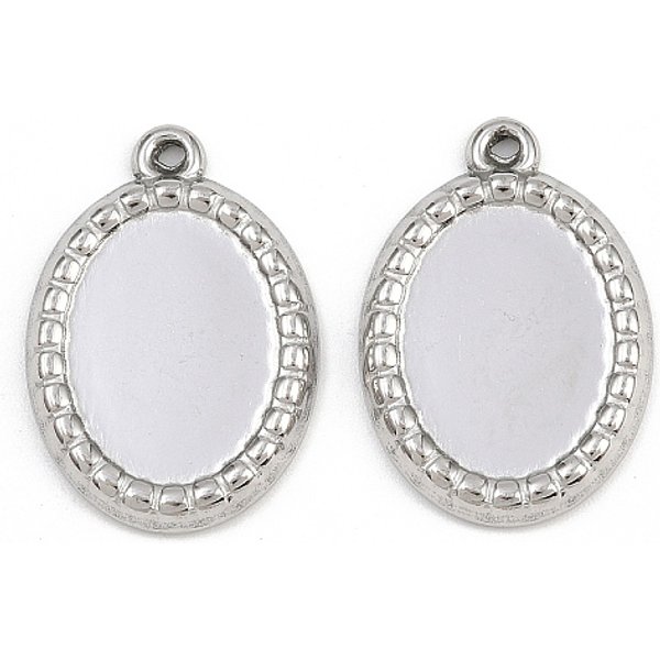 304 Stainless Steel Pendant Cabochon Settings, Oval Charms, Stainless Steel Color, Tray: 16.5x12.5mm, 24.5x17x3mm, Hole: 1.4mm