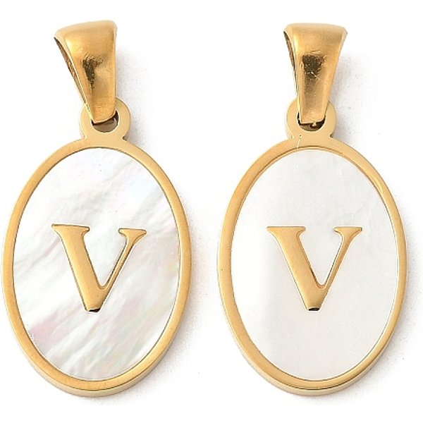 Natural Shell Oval with Initial Pendants, with 304 Stainless Steel Settings, Ion Plating(IP), Real 18K Gold Plated, White, Letter V, 21x13x2mm, Hole: 3.5x5mm