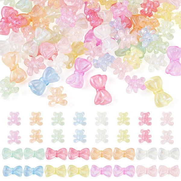 63 PièCe 2 Styles De Perles Acryliques Transparentes Lumineuses, Avec De La Poudre De Paillettes, Brillent Dans Le Noir, Couleurs MéLangéEs, Formes Mixtes, 17-29X18-19Mm, Trou: 1.5Mm-image