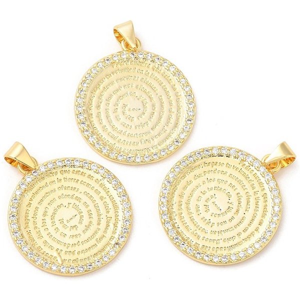 Colgantes de latón con circonita., Plateado de larga duración, sin plomo y el cadmio, plano y redondo, real 18k chapado en oro, 25x22x1.5mm, agujero: 4x3.5 mm