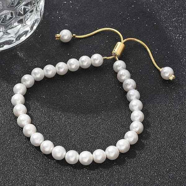 Shell Pearl Beaded Slider Bracelet with Brass Snake Chain, Lead Free & Cadmium Free, Real 18K Gold Plated, Beads: 6mm, Inner Diameter: 1-3/4-2-5/8 inch(4.35-6.65cm)