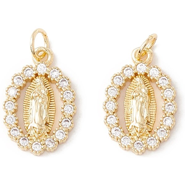 Rack Plating Brass Micro Pave Clear Cubic Zirconia Pendants, With Jump Rings, Long-Lasting Plated, Cadmium Free & Lead Free, Oval With Virgin Mary, Real 18K Gold Plated, 17.5X12X3Mm, Hole: 3.2Mm-image