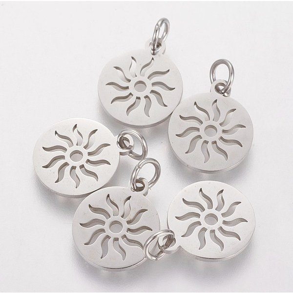 Non-Tarnish 304 Stainless Steel Pendants, Flat Round With Sun, Stainless Steel Color, 14X12X1.1Mm, Hole: 3Mm-image