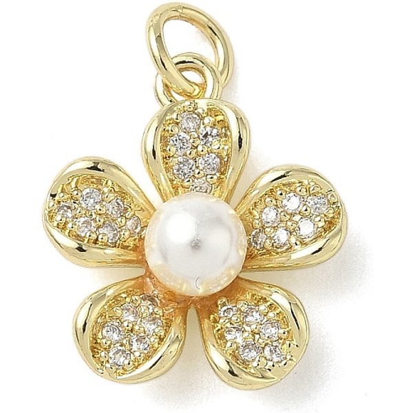 Brass Micro Pave Cubic Zirconia Pendants, With Pastic Pearl & Jump Ring, Flower Charms, Real 18K Gold Plated, 16.5X14.5X6Mm, Hole: 3Mm-image