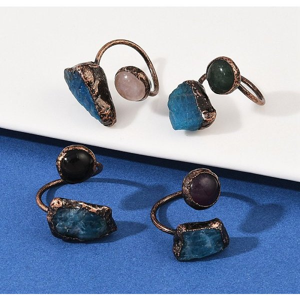 Brass With Mixed Gemstone Cuff Rings, Red Copper, Us Size 7 1/4(17.5Mm)-image