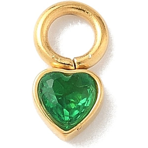 304 Stainless Steel Charms, Heart Charms, with Glass, Real 18K Gold Plated, Faceted, Green, 7.5x4x2.5mm, Hole: 2.5mm
