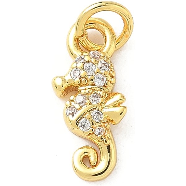 Brass Micro Pave Cubic Zirconia Charms, Golden, with Jump Ring, Sea Horse, 14.5x6.5x2.5mm, Hole: 3.5mm