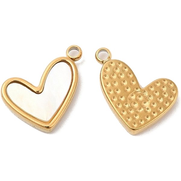 Ion Plating(IP) 304 Stainless Steel Charms, with White Shell, Heart Charm, Real 14K Gold Plated, 8x11x2mm, Hole: 1mm