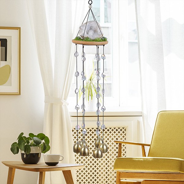 Natural Quartz Crystal Geode Wind Chime, Acrylic Beads And Iron Bell Charms For Home Decor, Mixed Color, 450Mm-image